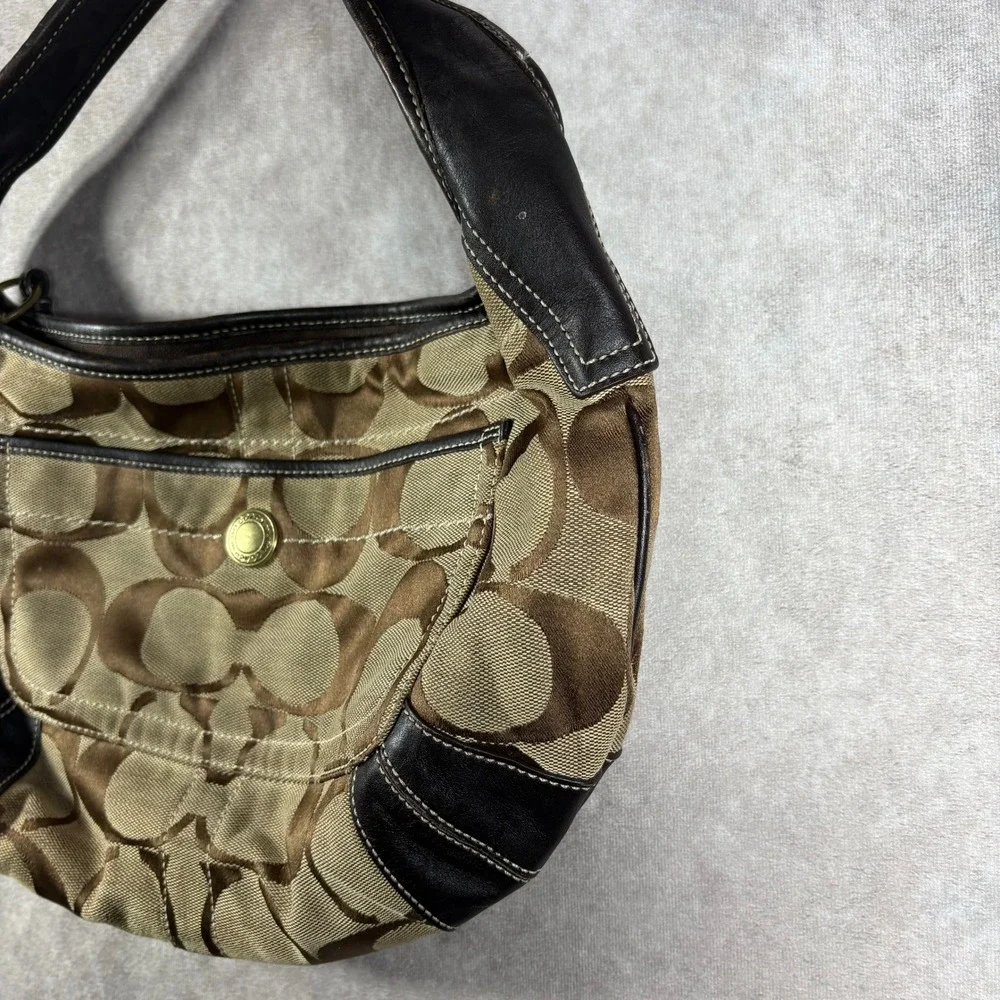 Coach Shoulder Bag Women Medium Brown Signature Canvas Hobo Leather Trim Vintage - Picture 4 of 16